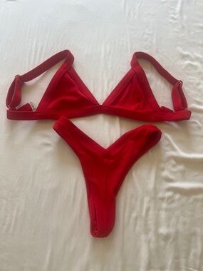 Red Ribbed Triangle Bikini Set - Women's Swim